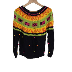 Vintage 1980s Chunky Knit Colorblock Pom Pom Sweater Medium